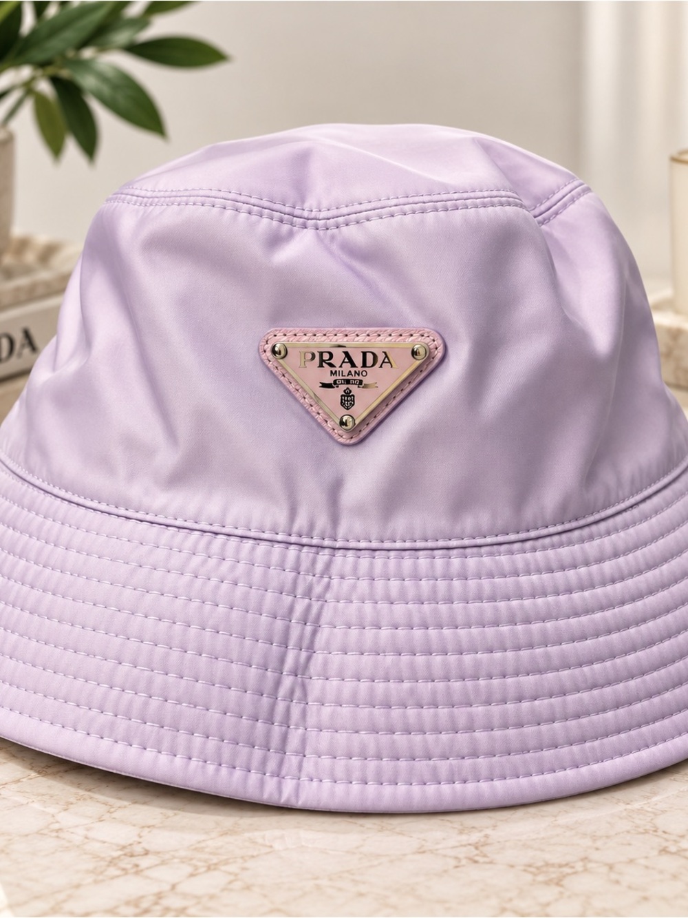 Prada Lilac Nylon Bucket Hat with Triangle Logo Plaque